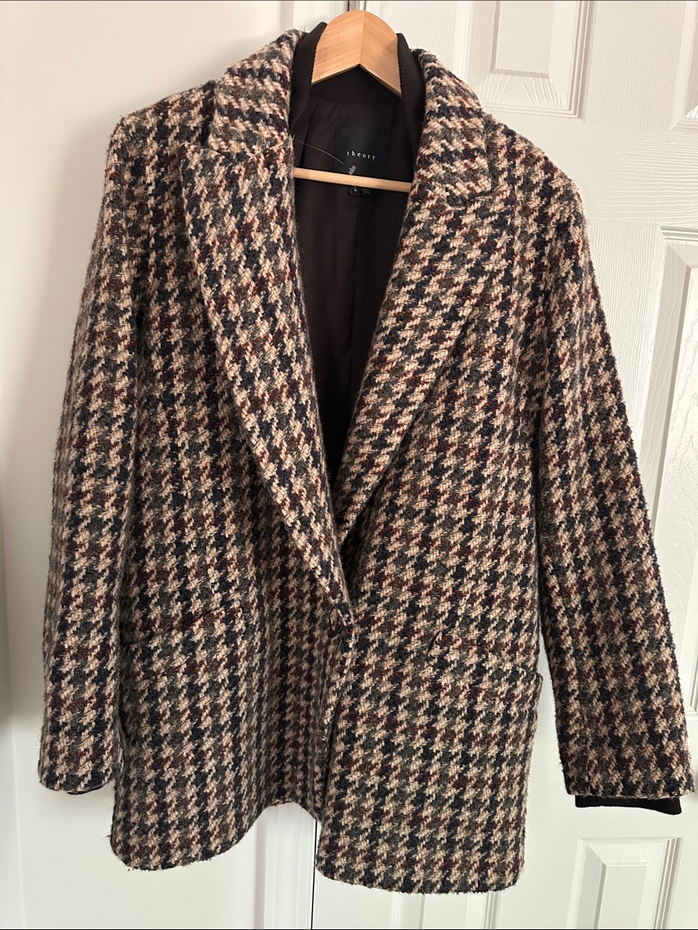 Theory Brown Black Cream Houndstooth Wool Blazer